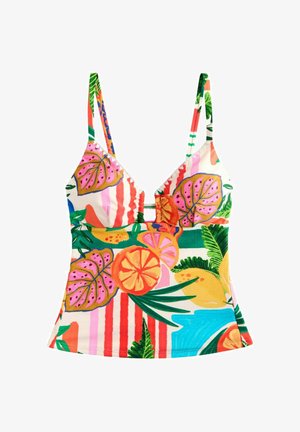 Top na cienkich ramiączkach z nadrukiem tropikalnych owoców i liści w jasnoróżowych, pomarańczowych, zielonych i niebieskich tonach na paskowanym tle.