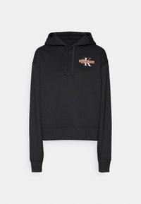 Zwarte cropped hoodie met lange mouwen, trekkoordkap en een klein Calvin Klein Jeans-logo op de linkerbovenborst.