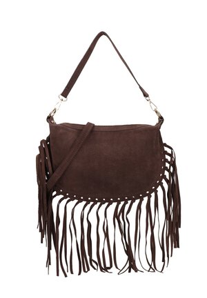 Borsa a tracolla in suede marrone con dettagli frangiati, di forma arrotondata e con una sola tracolla. Presenta dettagli a ritaglio circolare lungo il bordo.