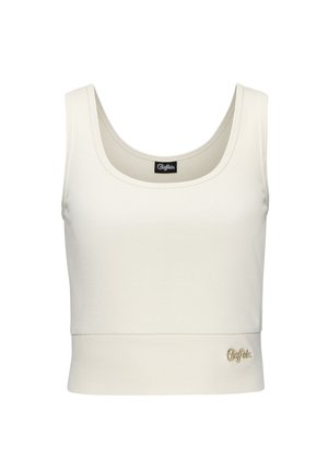 Cremiger, gerippter Cropped-Top mit weitem Ausschnitt und figurbetonter Silhouette. Verfügt über ein kleines goldenes Logo am Saum. Glatte Stofftextur.