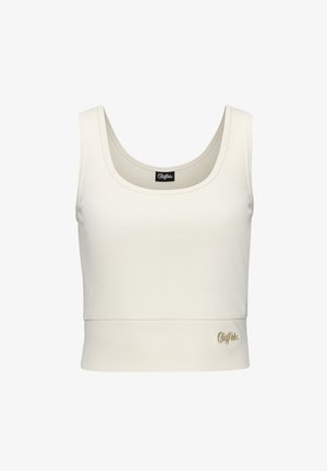 Cremiger, gerippter Cropped-Top mit weitem Ausschnitt und figurbetonter Silhouette. Verfügt über ein kleines goldenes Logo am Saum. Glatte Stofftextur.