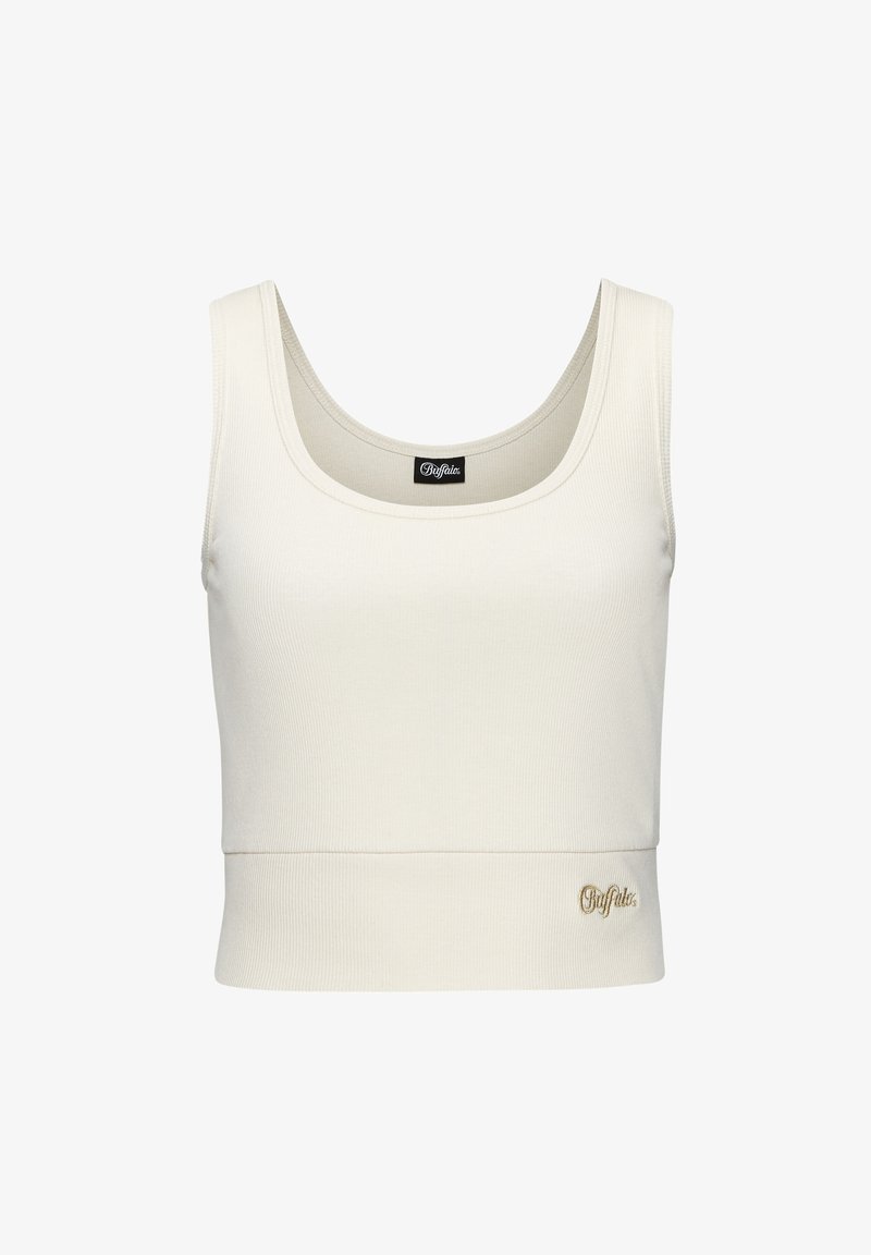 Cream ribbed crop top with wide neckline and fitted silhouette. Features a small golden logo at the hem. Smooth fabric texture.
