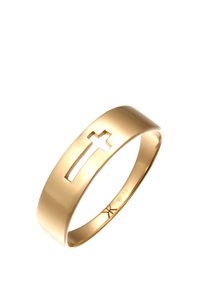 Ring i guldfarvet metal med udskåret korsdesign. Glat, rundet bånd med poleret finish og diskret branding indvendigt.