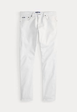 White denim jeans with a straight-leg cut, featuring front pockets, a button fly, and a subtle blue brand label near the waistband.