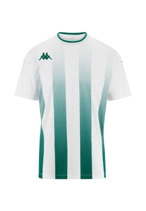 Maglietta sportiva bianca a maniche corte con righe verticali sfumate verdi e logo verde sul petto e rifinitura del colletto.