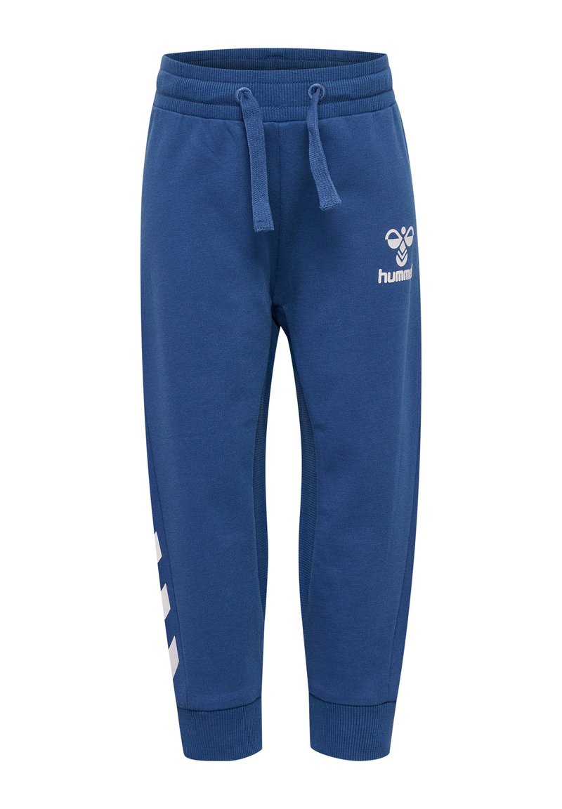 Blaue Jogginghosen aus weichem Baumwollstoff, mit einem Kordelzugbund, gerippten Bündchen und weißen seitlichen Akzenten sowie einem Logo auf der Vorderseite.