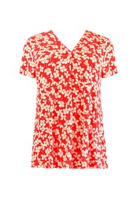 Blusa corta roja de mangas cortas con un patrón floral en blanco, diseño de escote en V y corte holgado para mayor comodidad. Confeccionada en una tela ligera.