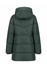 Grønne polstrede jakke med hætte, prydet med et chevron-design, elastiske manchetter og en glat tekstur. Bagview viser quiltet syning detalje.