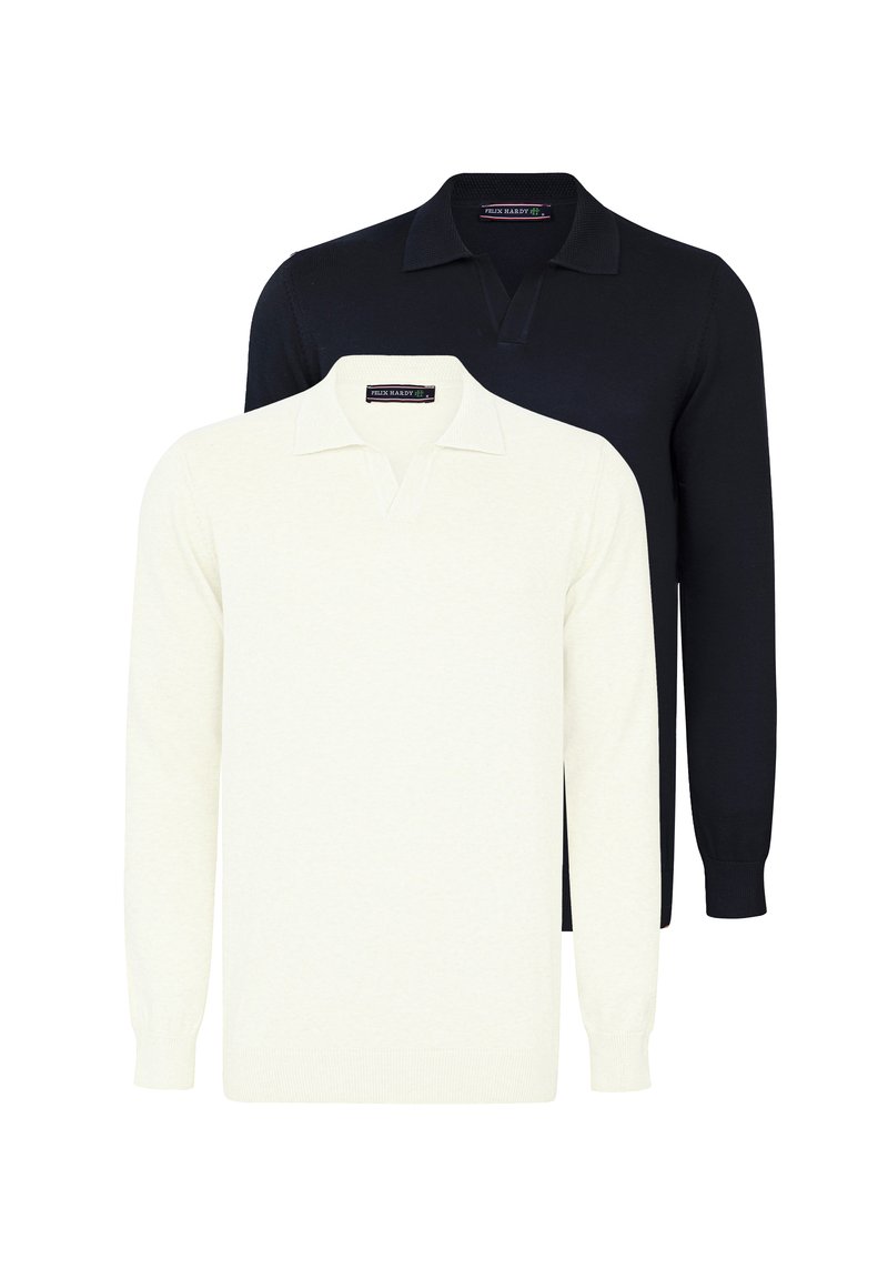 Zwei Langarm-Polohemden in Creme und Marineblau, mit klassischem Kragen, gerippten Bündchen und aus weichem Strickstoff.