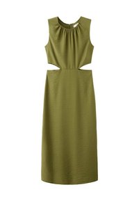 Oliwkowa sukienka o bezrękawowym fasonie, z wycięciami w talii i gładkim materiałem do kolan.