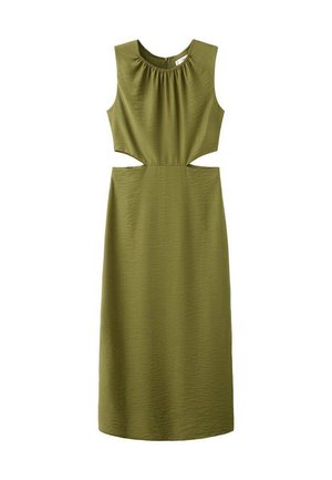 Abito verde oliva con design senza maniche, caratterizzato da dettagli a taglio in vita e tessuto liscio di lunghezza al ginocchio.