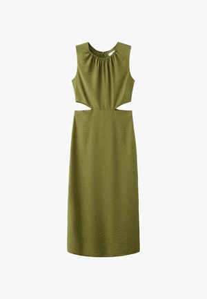 Olivovo zelené šaty s bezrukávovým dizajnom, so strihanými detailmi v oblasti pása a hladkým textíliou s dĺžkou po kolená.