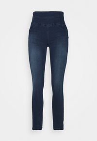 Vaqueros de talle alto en azul oscuro con una textura suave, corte ajustado, bolsillos laterales y una cinturilla cosida para mayor soporte.