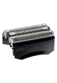 Electric shaver head with dual stainless steel foils, black plastic base, and embossed "Series 7" text. Smooth, sleek design; metallic accents.