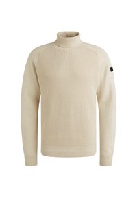 Beige gestrickter Pullover mit hohem Kragen, gerippten Bündchen und Raglanärmeln. Verfügt über ein strukturiertes Muster und einen schwarzen Akzent am Ärmel.