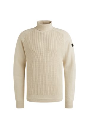 Béžový pletený svetr s vysokým límcem, žebrovanými manžetami a raglánovými rukávy. Obsahuje texturovaný vzor a černý akcent na rukávu.