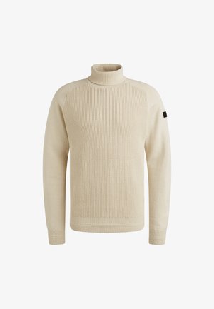 Pull en tricot beige avec un col montant, des poignets côtelés et des manches raglan. Présente un motif texturé et un accent noir sur la manche.