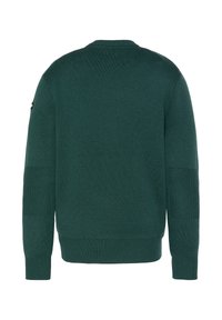 Zielony sweter z prążkowanym kołnierzem i mankietami. Posiada teksturowane panele na rękawach. Wykonany z miękkiego materiału dzianinowego. Prosty, klasyczny design.