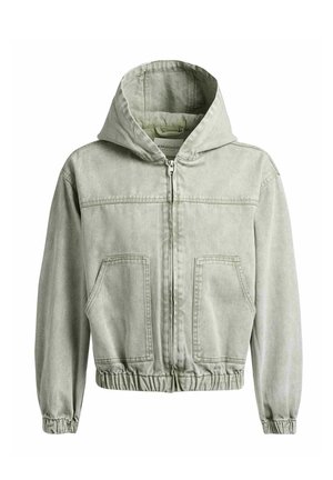 Hellgraue Kapuzenjacke mit Reißverschluss, zwei Fronttaschen sowie elastischen Bündchen und Saum.