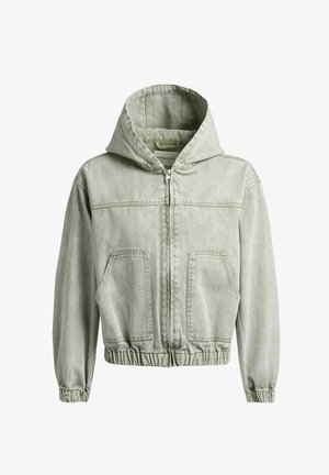 Hellgraue Kapuzenjacke mit Reißverschluss, zwei Fronttaschen sowie elastischen Bündchen und Saum.