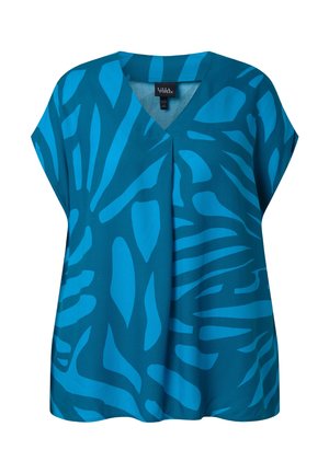 Blaues kurzärmeliges Oberteil mit abstraktem, dunkler blauem Blattmuster und V-Ausschnitt, lockere Passform.