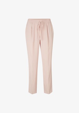 Pantalon rose clair fuselé avec taille élastique et cordon de serrage, doté de plis à l'avant et de poches latérales.