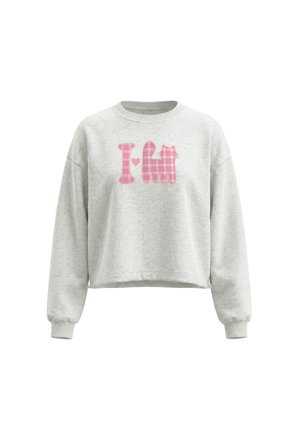 Lysegrå langærmet sweatshirt med "I" og et lyserødt hjerte ved siden af en lyserød ternet kattegrafik på fronten.