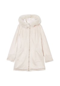 Lichtroze nubuck leren jas met een nepbont capuchon, ritssluiting en twee horizontale voorzakken. Eenvoudig ontwerp en een gladde textuur.