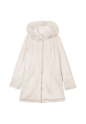 Lichtroze nubuck leren jas met een nepbont capuchon, ritssluiting en twee horizontale voorzakken. Eenvoudig ontwerp en een gladde textuur.