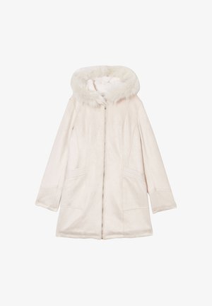 Lichtroze nubuck leren jas met een nepbont capuchon, ritssluiting en twee horizontale voorzakken. Eenvoudig ontwerp en een gladde textuur.