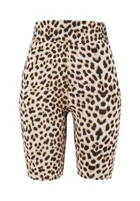 High-waisted biker shorts with beige and black leopard print pattern, stretchy fabric, and mid-thigh length.