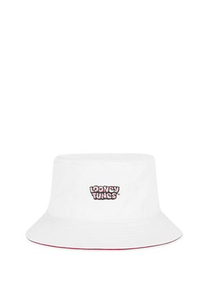 Witte bucket hat met een centraal geborduurd "Looney Tunes" logo in rood en zwart aan de voorkant.