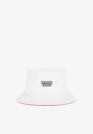 Witte bucket hat met een centraal geborduurd "Looney Tunes" logo in rood en zwart aan de voorkant.