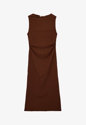 Sleeveless, knee-length brown textured dress with a crew neck and subtle side gathers at the waist.