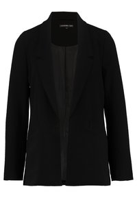 Blazer noir en tissu doux, avec un design ajusté, une ouverture frontale, des revers crantés et deux poches latérales. Doublure intérieure lisse.