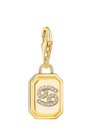 Goldener rechteckiger Anhänger mit Karabinerverschluss, mit dem Sternzeichen Krebs, verziert mit kleinen weißen Edelsteinen.