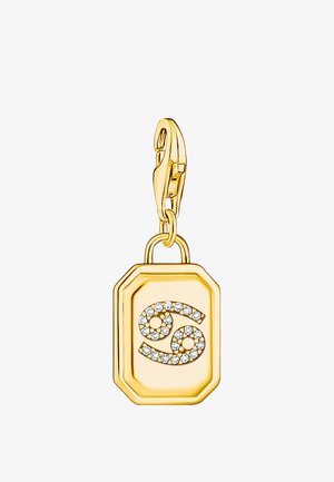 Goldener rechteckiger Anhänger mit Karabinerverschluss, mit dem Sternzeichen Krebs, verziert mit kleinen weißen Edelsteinen.