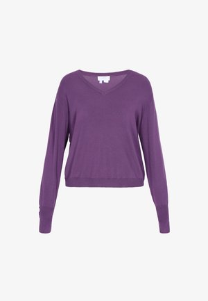 Lila V-Ausschnitt Pullover mit langen Ärmeln, aus leichtem Stoff gefertigt, mit entspannter Passform und gerippten Bündchen für zusätzliche Textur.