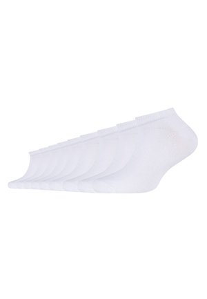Chaussettes blanches mi-mollet disposées en rang, avec une bordure côtelée et une texture lisse, fabriquées en un mélange de coton flexible.
