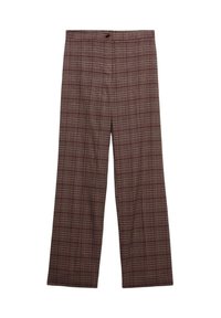 Pantalones de pierna ancha en un patrón de cuadros marrones. Elaborados en una tela texturada con un cierre de botón en la cintura. Presentan un diseño clásico.