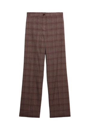 Wijdvallende broek in een bruine ruitpatroon. Gemaakt van gestructureerde stof met een knoopsluiting in de taille. Heeft een klassiek ontwerp.