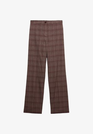 Wide-leg trousers in a brown plaid pattern. Made of textured fabric with a button closure at the waist. Features a classic design.