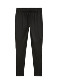 Zwarte sportieve broek met een gestructureerde afwerking, voorzien van een tailleband en taps tolopende benen. De broek heeft contrasterende accenten bij de knieën en ritsen bij de boorden.