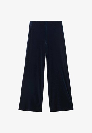 Tmavě modré široké kalhoty vyrobené z měkké, hladké látky. Obsahují elegantní design bez viditelných zapínání nebo kapes.