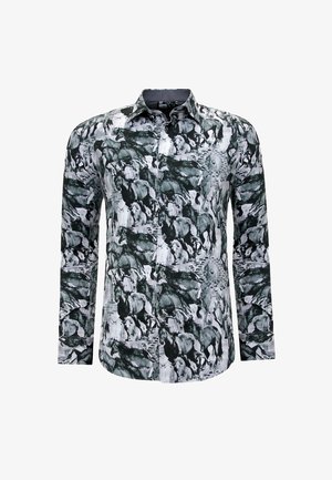 Langsleeve shirt met een zwart-wit paardprint, gemaakt van lichtgewicht stof met een klassieke kraag en knoopsluiting aan de voorkant.