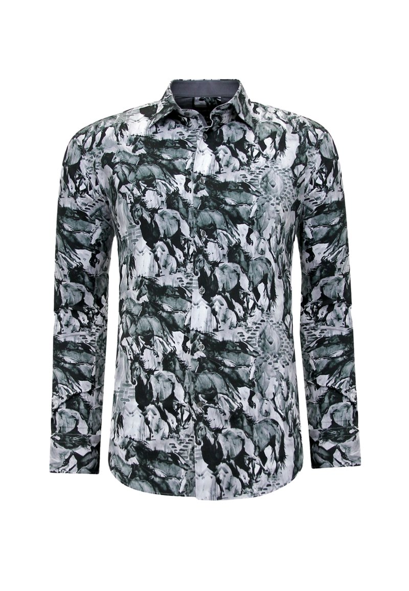 Langsleeve shirt met een zwart-wit paardprint, gemaakt van lichtgewicht stof met een klassieke kraag en knoopsluiting aan de voorkant.