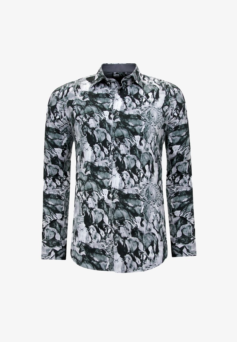 Langsleeve shirt met een zwart-wit paardprint, gemaakt van lichtgewicht stof met een klassieke kraag en knoopsluiting aan de voorkant.