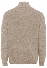 Beige gestrickter Pullover mit hohem Kragen und strukturiertem Muster. Der Pulli hat eine lockere Passform sowie gerippte Bündchen und Saum.