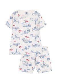 Korte mouwen pyjamaset van witte katoen met blauwe schetsen van Parijse bezienswaardigheden en rode tekstaccenten, inclusief een bijpassend paar shorts.