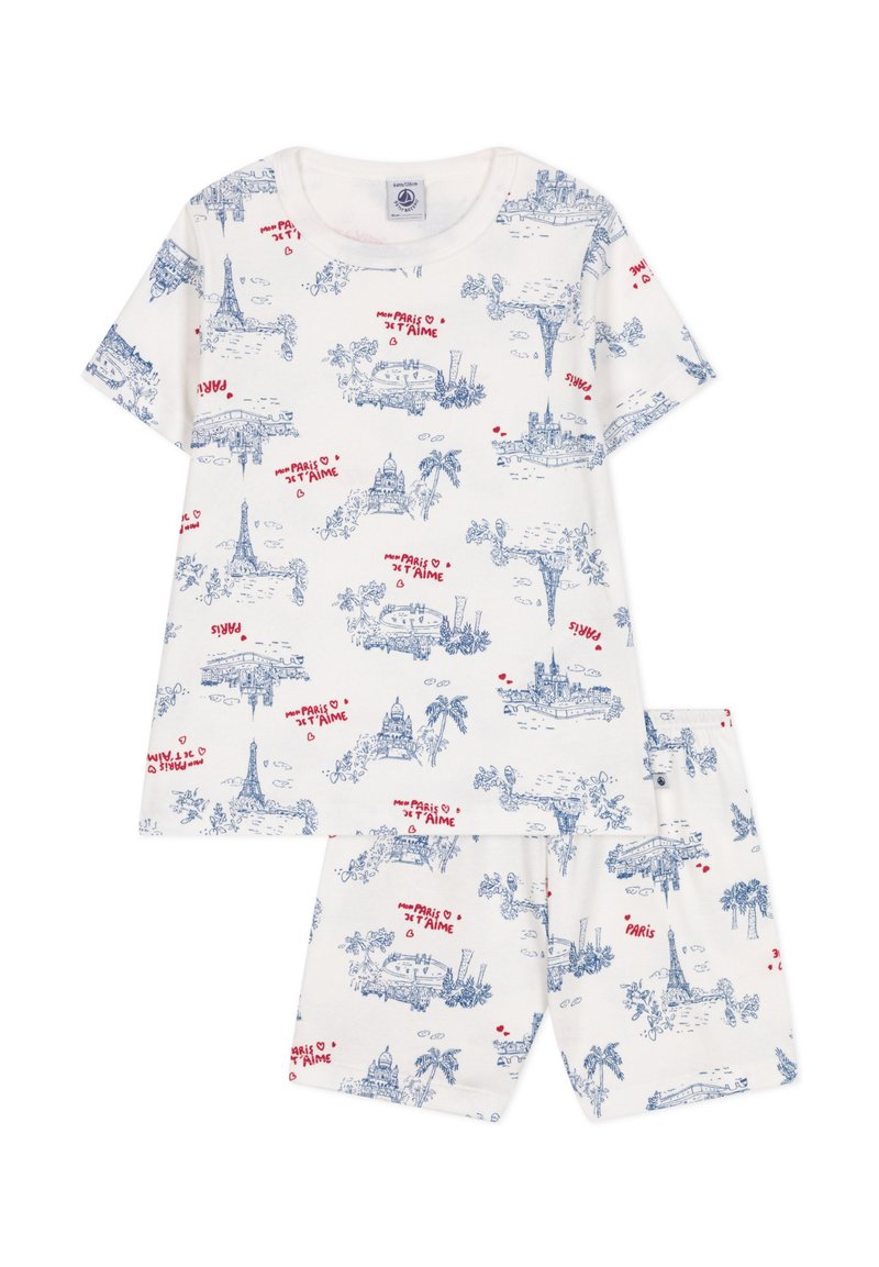 Korte mouwen pyjamaset van witte katoen met blauwe schetsen van Parijse bezienswaardigheden en rode tekstaccenten, inclusief een bijpassend paar shorts.